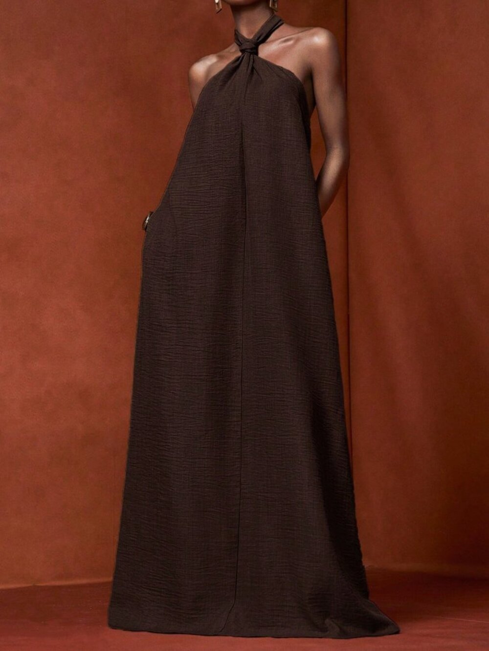 Brown Casual Women's Halter Neck Twist Open Back A-Line Maxi Dress - Picture 6 of 6